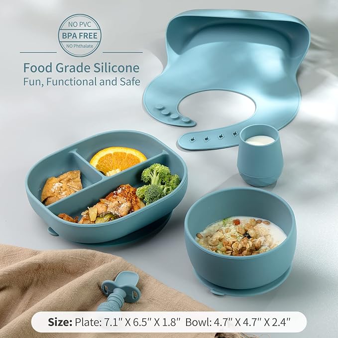 SAMiGO Silicone Baby Feeding Set, Baby Led Weaning Supplies, Suction Bowl Plate Bib Cup Self Feeding Spoons, Solid Food Eating Essentials, First Stage Utensils, 6+ Months
