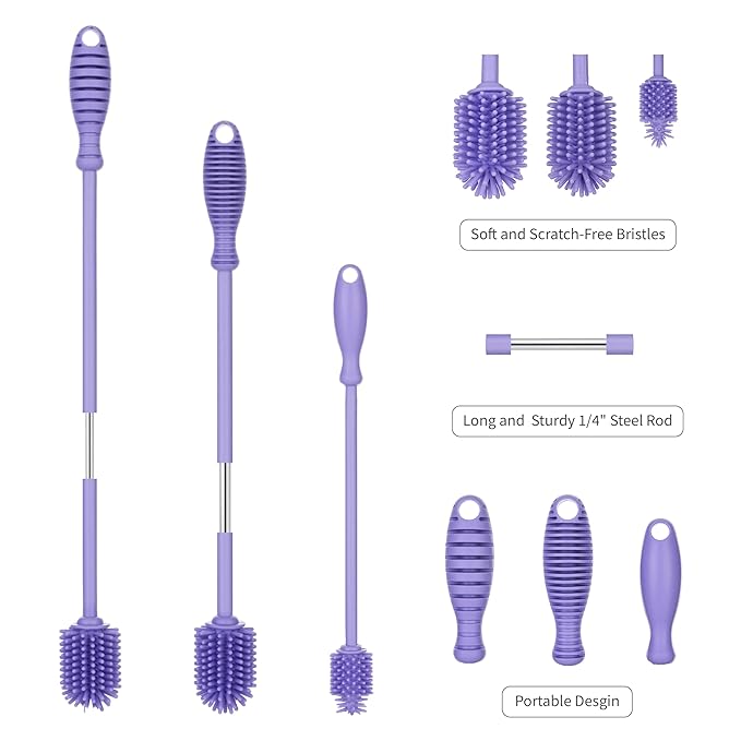 A-Brush Silicone Bottle Cleaner Brush, 3 Piece Set, Flexible, Long Handle - Water Bottle Cleaner, Baby Bottle Nipple Brush for Plastic & Glass, BPA-Free Dish Washing Brush A2S Protection