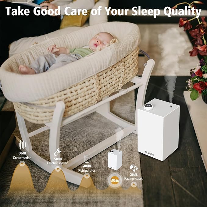 Stainless Steel Humidifier, Cool Mist Humidifiers with Only 3 Parts Easy to Clean, Top Fill Humidifier with 1-9H Timer, 30dB Whisper-Quiet, Filterless for Bedroom Large Baby Room Office