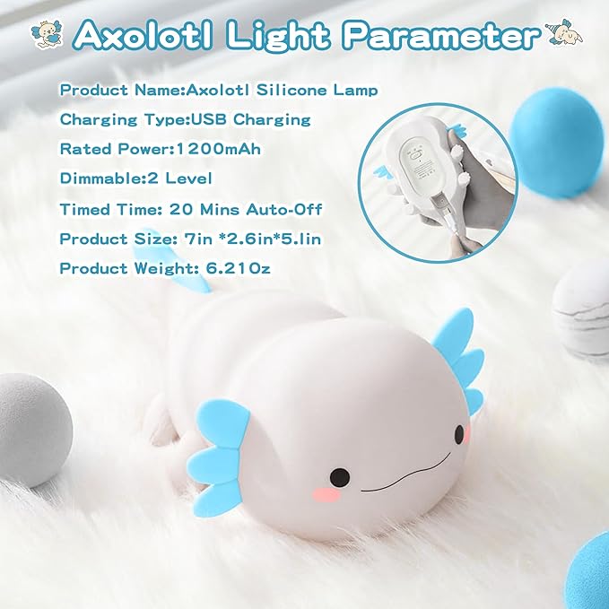 Axolotl Night Light,Cute Axolotl Lamp,Food Grade Silicone Nursery Nightlight,Rechargeable/Dimmable LED Squishy Novelty Animal Bedside Touch Lamp,Baby Room Decor, Axolotl Gifts for Kids/Boys