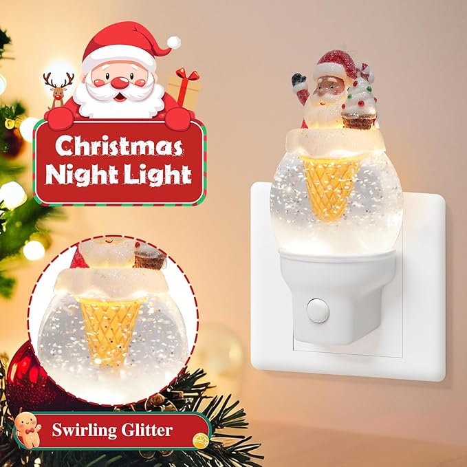2 Pack Christmas Santa Night Light Plug into Wall Glitter Water Nightlight with USB/Outlet Options, Christmas Decorative Nightlight for Bedroom Kitchen Holiday Decorations Gifts (Santa Ice Cream)