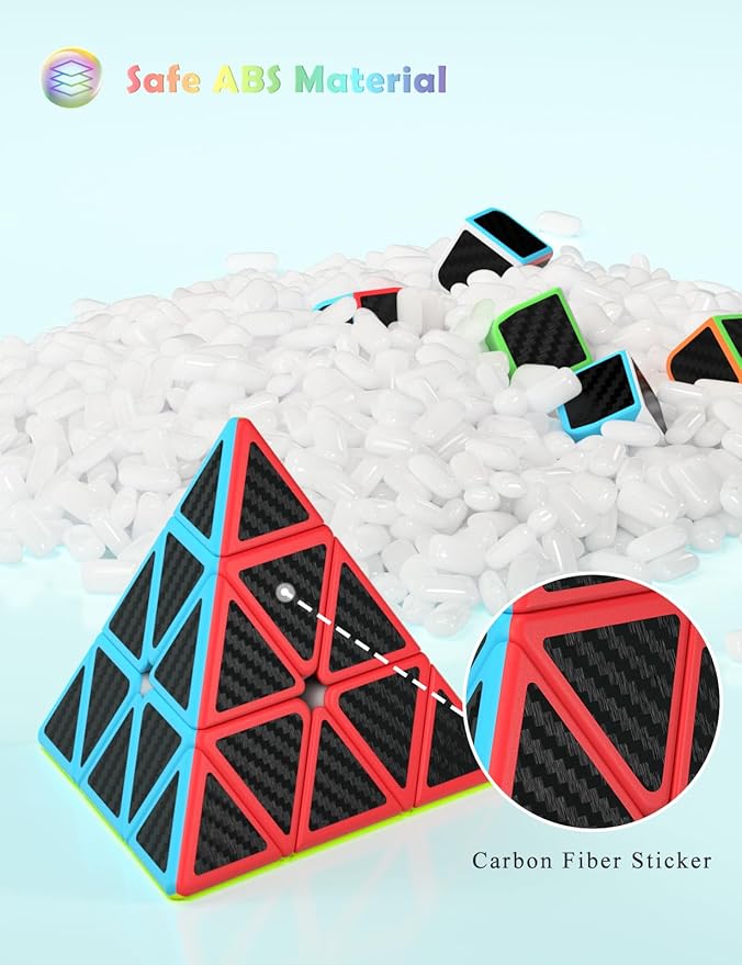 ROXENDA Speed Cube Set, Magic Cube Set of 2x2x2 3x3x3 Pyramid Cube Smooth Puzzle Cube (Carbon Fiber)