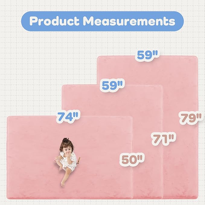 1.3" Thick Baby Floor Play Mat 59x79, Basic Padded Foam Mat for Tummy Time Crawling, Non Slip Cushioned for Babies Toddlers Infants Kids (Pink)