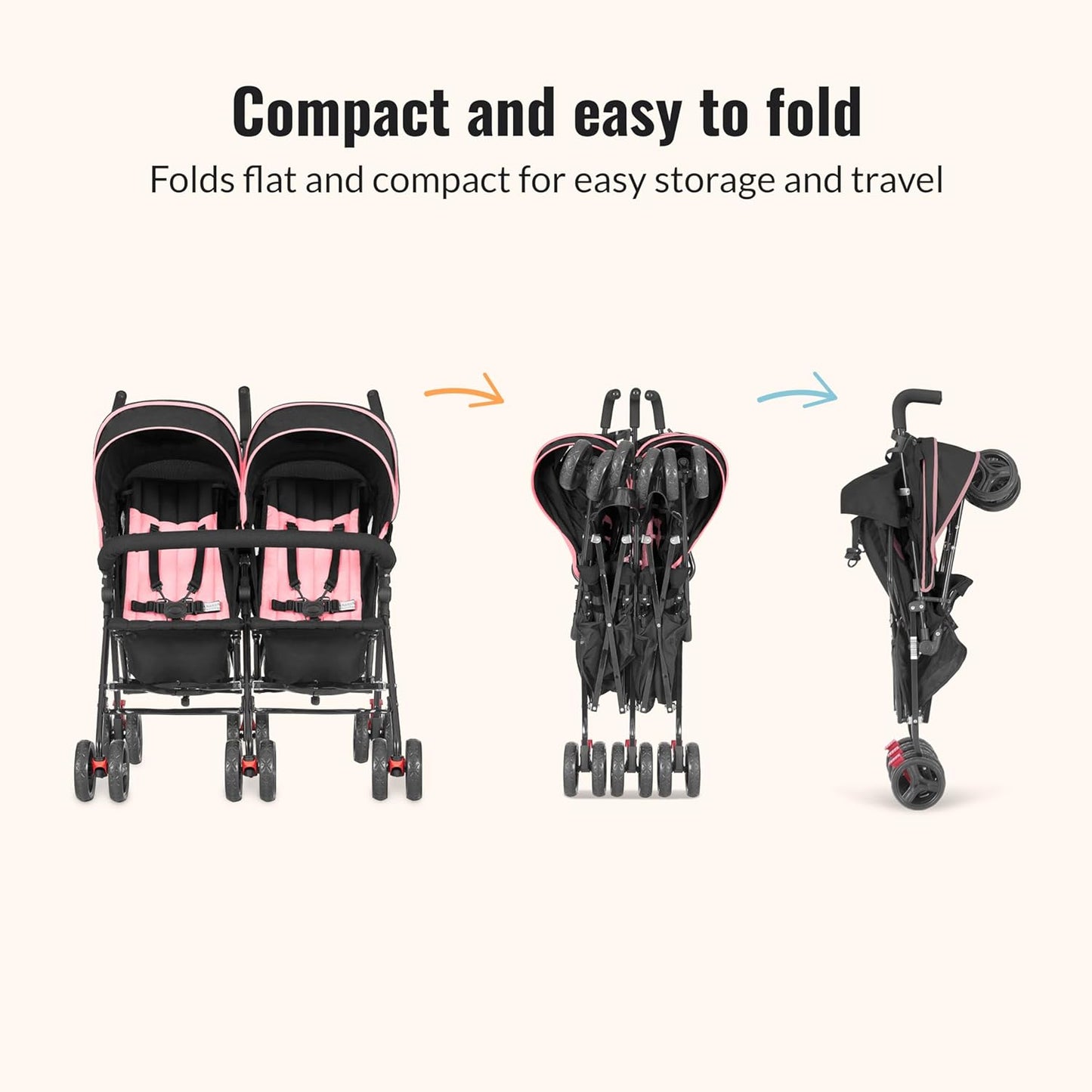 Dream On Me Volgo Twin Umbrella Stroller in Pink, Lightweight Double Stroller for Infant & Toddler, Compact Easy Fold, Large Storage Basket, Large and Adjustable Canopy