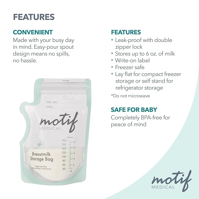 Motif Medical Breastmilk Storage Bags - Breastmilk Freezer Bags w/Easy Pour Spout, Write-On Label - Leak-Proof Double Zipper Milk Bags for Breastmilk - Breastfeeding Mom Gifts (6 Oz, 40 Count)