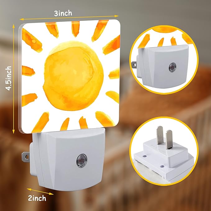 Night Light,Boho Watercolor Sun Plug-in Night Light Auto Dusk-to-Dawn Sensor Energy Efficient LED Lamp for Room Decor,Hallway,Kitchen,Bathroom,Nursery,Stairs