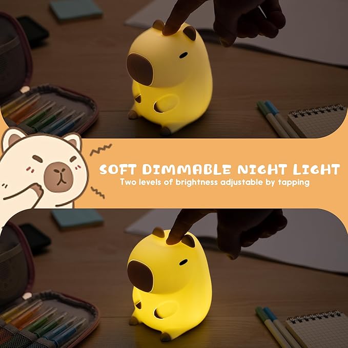 UNEEDE Cute Capybara Night Light, Novelty Animal Silicone Nursery Night Light Rechargeable Table Bedside Lamp with Touch Sensor for Bedroom Living Room Squishy Capybara Stuff Boys Girls Gifts