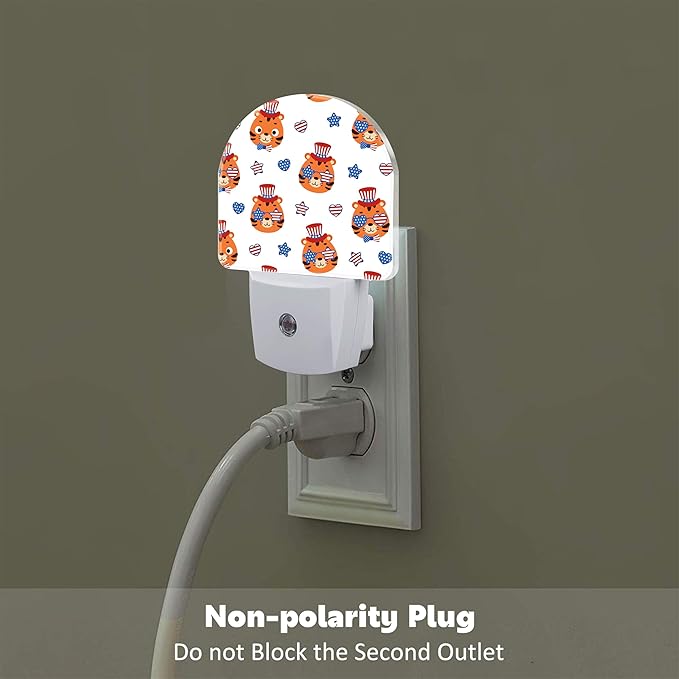 American Flag and Cute Tigers Night Light Plug into Wall, Cartoon Animals Patriotic Dusk to Dawn Night Light,0.5w Energy Saving Sleep Friendly Nightlights for Kids Boys Girls Home