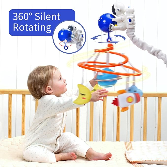 Baby Crib Mobile with Music and Lights, Space Baby Mobile for Crib with Remote Control, Spaceman Nursery Decor Hanging Plush Crib Toys for Newborn Boys and Girls Infant Babies 0-6-12 Months