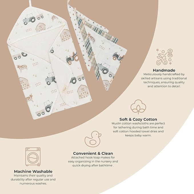 Crane Baby Hooded Towel & Washcloth Set, Charlie Farmhouse Tractor Hooded Baby Towels and Washcloths Set, Baby Bath Essentials, Washcloths for Newborn, Muslin Towel for Babies