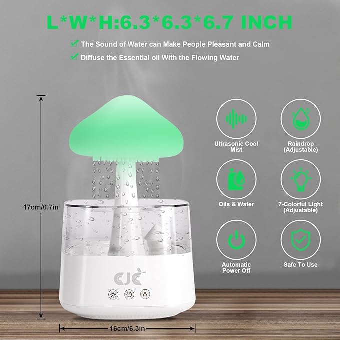 Cloud Rain Humidifier for Bedroom with Soothing Rain Sounds, Water Drip Mushroom Humidifiers 7 Colors Mood Raindrop Air Moisturizer Waterfall Night Light Sleep Aid Diffuser (White Cloud, CH08)