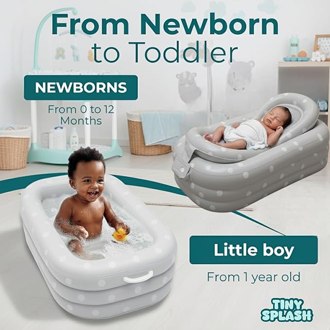 Inflatable Baby Bathtub Complete Set – Portable Non-Slip Baby Bath Tub with Newborn Cushion, Floating Thermometer, 3 Bath Toys & Air Pump, Safe Bath for Boys & Girls Age 0–3 Years