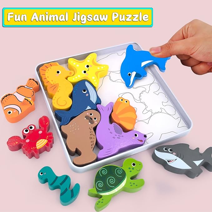 Wooden Animal Puzzles Toys for Toddlers,12 Pcs Sea Animals Figures,Animal Matching Sorting Stacking Toy for Boys Child Girls,Educational Learning Toys Gift for Kids