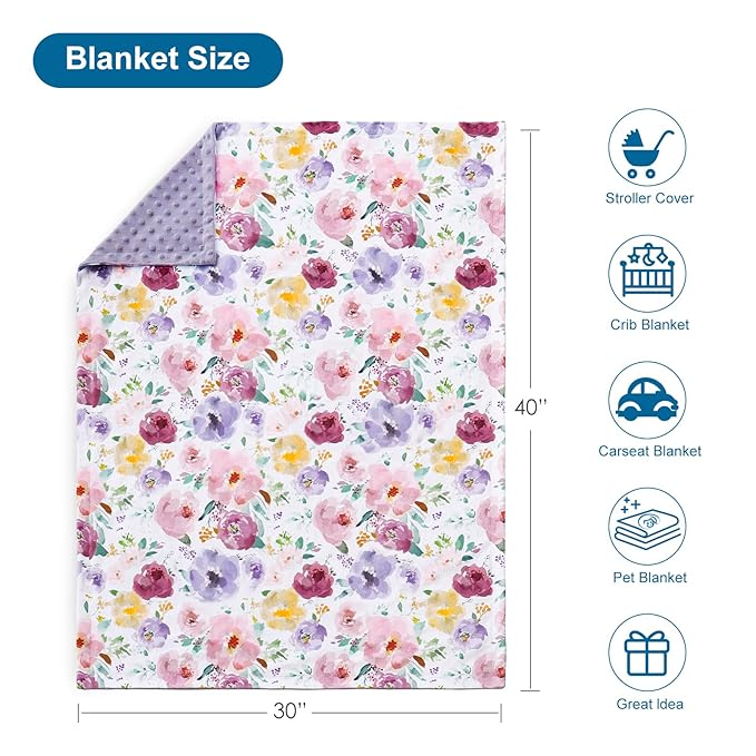 HOMRITAR Baby Blanket for Girls Soft Lightweight Minky Blanket with Double Layer Dotted Backing for Infant Toddler Nursery Crib with Purple Floral Design 30 x 40 Inch