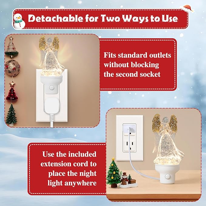 Christmas Angel Night Light Plug into Wall Glitter Water Nightlight with USB/Outlet Options, Christmas Decorative Nightlight for Bedroom Kitchen Nursery Holiday Decorations Gifts (Angel)