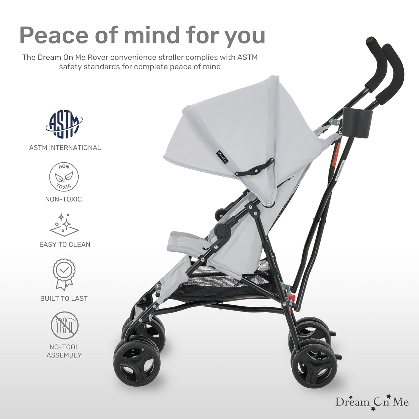 Dream On Me Rover Convenience Baby Stroller in Gray, Lightweight & Compact Umbrella Stroller, Easy one-Hand fold Travel Stroller, Lockable Rear Wheels, Removable & Adjustable Canopy