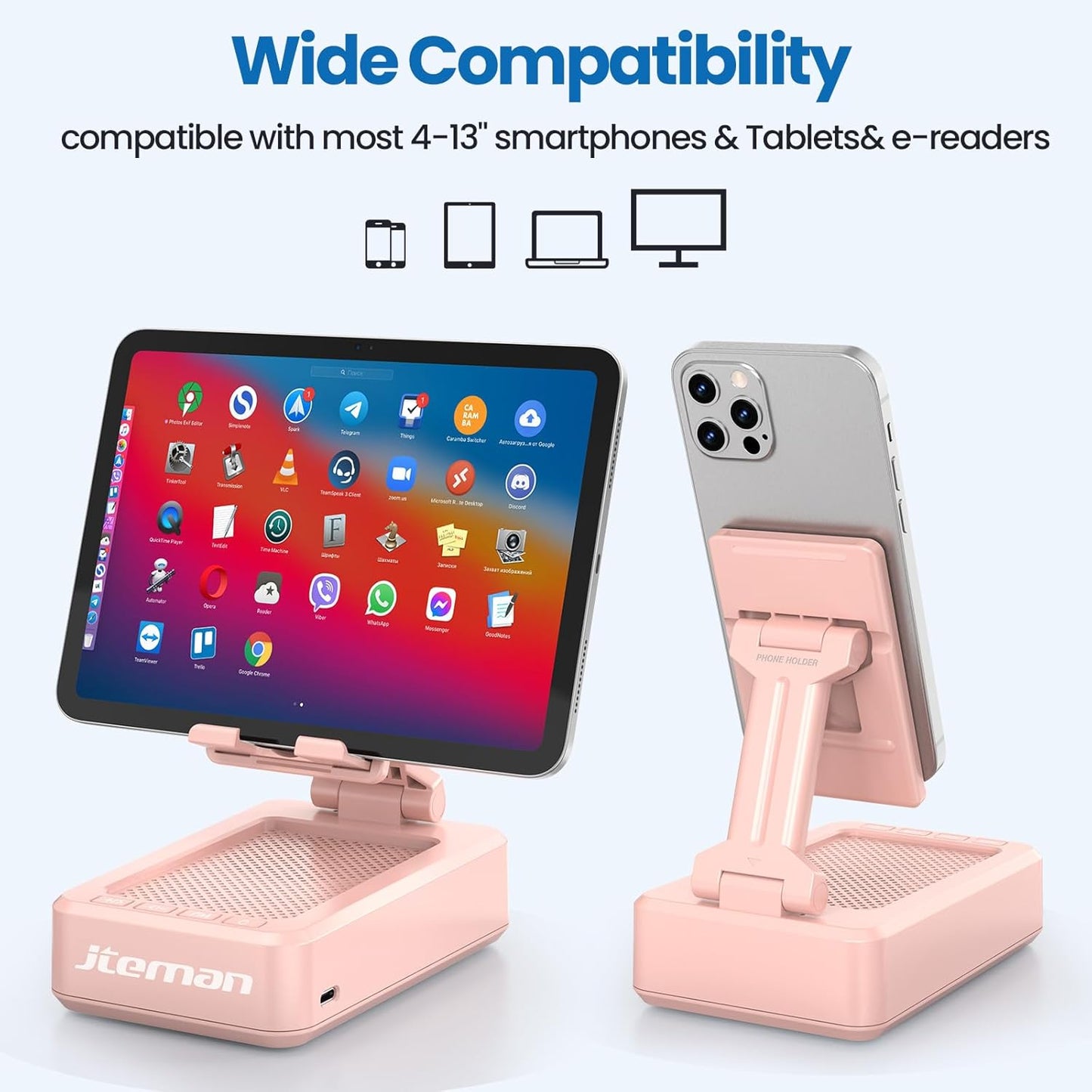 JTEMAN Cell Phone Stand with Bluetooth Speaker,Birthday Gifts for Women and Men,Kitchen Gadgets for Men,Compatible for iPhone/Samsung/Mini iPad - Pink