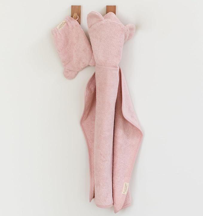 Bella Tunno Baby Bath Towel and Wash Mitt Set – Soft Absorbent Hooded Towels and Mitt-Style Baby Washcloths, Oeko-TEX Certified (Blush)