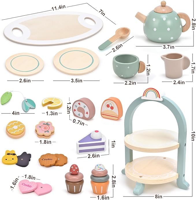 Atoylink Wooden Tea Party Set for Little Girls 28 Pcs Toddler Tea Set with Cupcake Stand & Food Pretend Play Accessories Kids Kitchen Playset Wooden Toys for 2 3 4 5 6 Year Old Girl Birthday Gift