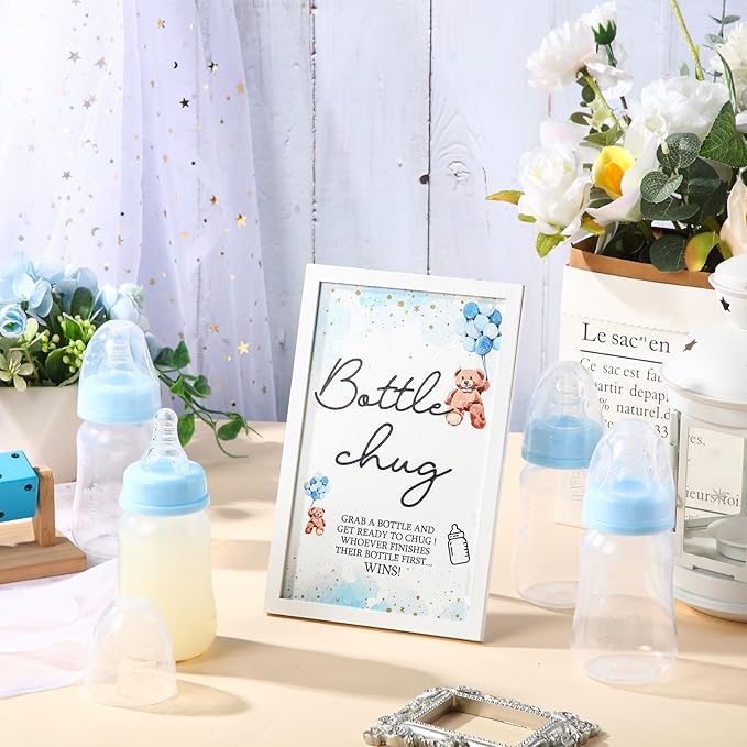 Roowest Bottle Chug Baby Shower Games Favors Including 18 Pcs Feeding Bottles with Blue Bear Theme Wooden Sign for Gender Reveal Baby Shower Party Supplies