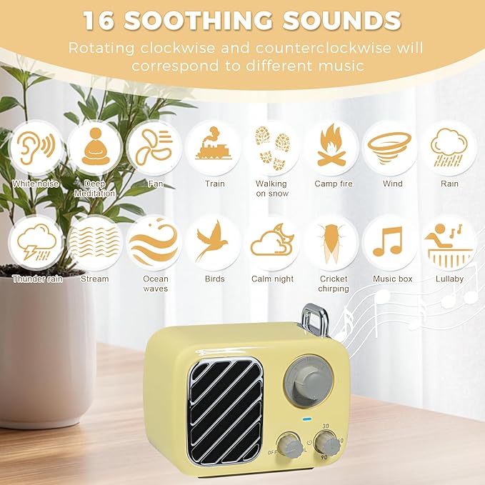 Vintage Style White Noise Machine – Portable Sleep Sound Device with 16 Relaxing Sounds, Timer & Stepless Volume, Rechargeable Sleep Aid & Gift for Teens, Kids, Baby, Travel & Office (Yellow)