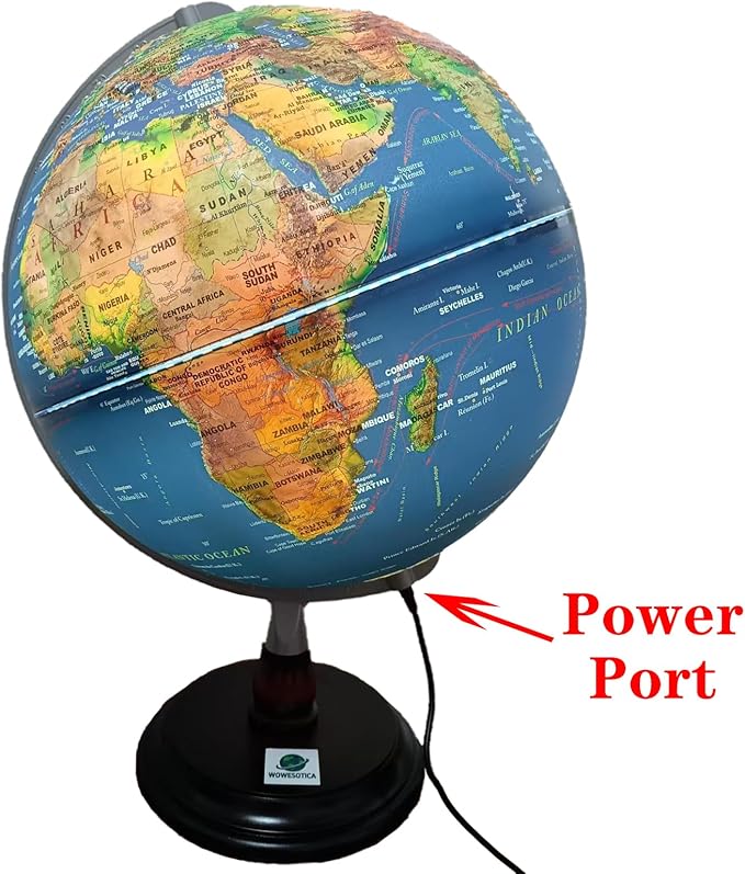 12” Raised Relief World Globe with LED Light, Desk Globe with Wood Base & Metal Meridian,Educational Geography Tool for Students, Teachers & Office Decor(Blue, 12 Inch)