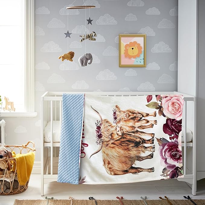 Personalized Baby Blanket, Custom Baby Blankets with Name for Girls Boys, Flannel Double Layer Dotted Backing Receiving Swaddle Blanket, Highland Cow Toddlers Infants Customized Gifts(60"x80")