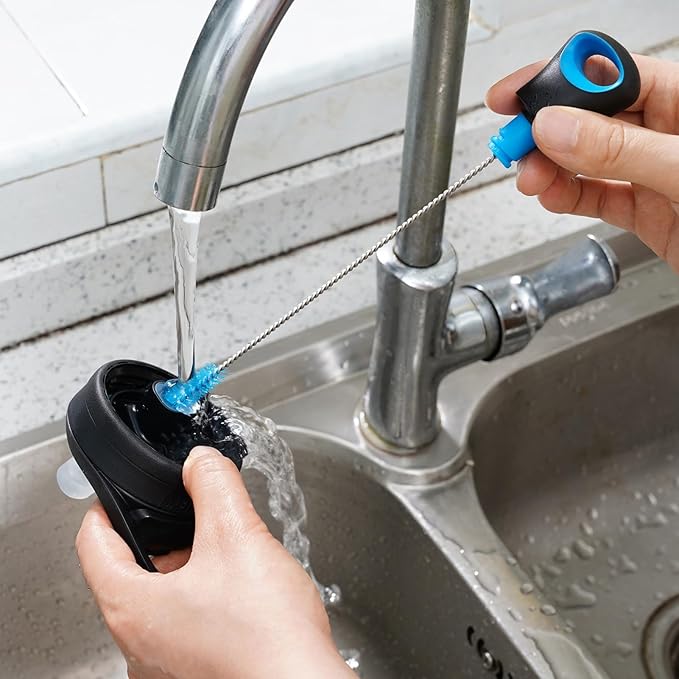 2-in-1 Water Bottle Brush and Straw Cleaner Brush, Long Handle Scrub Brush with Replaceable Head for Water Bottles, Glasswares, Mugs, Flasks, Tumblers, Vases, and Kitchen Sink, Breezy Blue