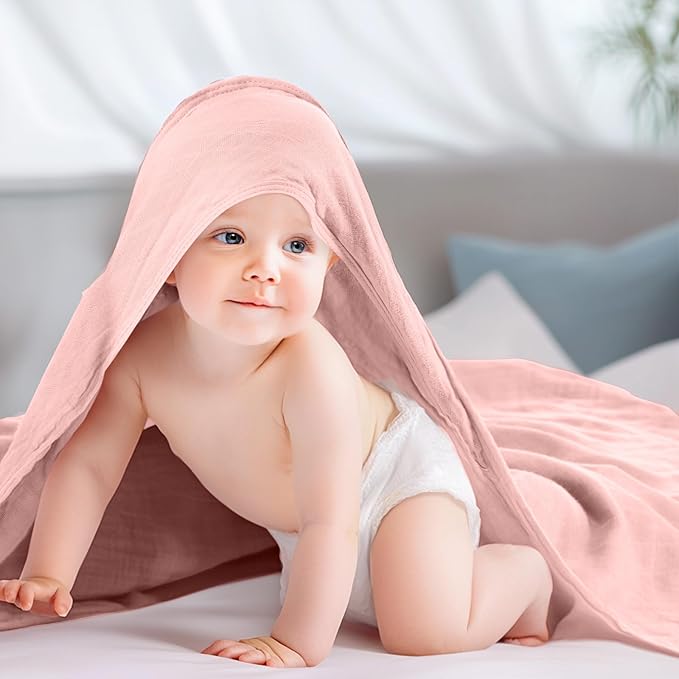 Preboun 6 Pcs Muslin Hooded Baby Towels and Washcloths 32"x 32" Cotton Newborn Bath Towel Anti-Shrink Infant Baby Blankets with Hood 12"x 12" Washcloths for Girl Boy Toddler(Ivory,Pink)