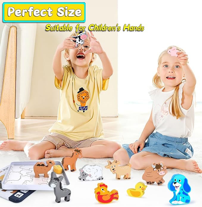Wooden Animal Puzzles Toys for Toddlers,12 Pcs Farm Animal Figures,Animal Matching Sorting Stacking Toys for Boys Child Girls,Educational Learning Toys Gift for Kids