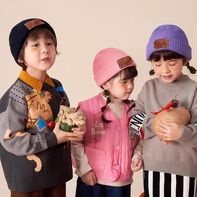 Custom Baby Beanies Personalized Toddler Winter Hats Name Leather Patch Kids Knit Warm Hat for Infant Boys Girls Adult