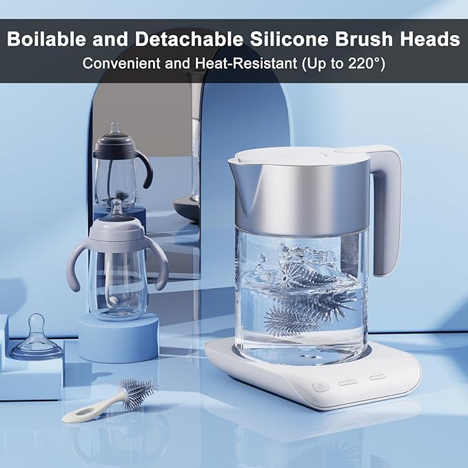 Silicone Bottle Brush Set with Stand, 360° Rotating Bottle Cleaning Brush Cleaner Set, Long Handle 3 in 1 Multipurpose Silicone Baby Bottle Straw Cleaner Brush (Grey)