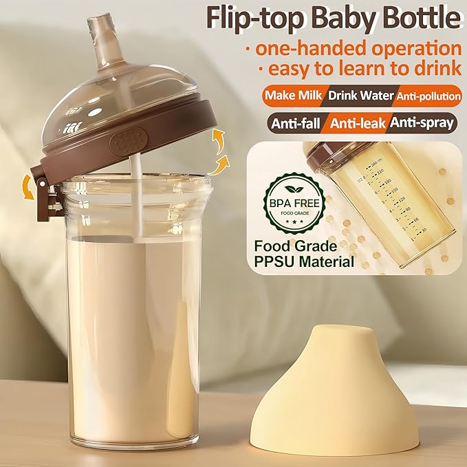 PPSU Baby Bottle, Bottles for Breastfed Babies with Handles and Straw, Flip-top Anti-Colic Baby Bottles 8oz/240mL 10+ Months