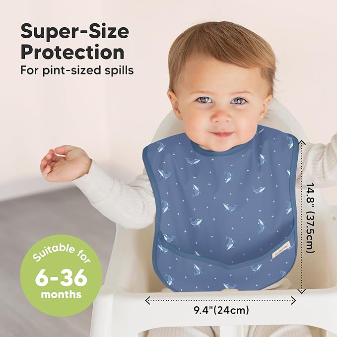 KeaBabies 3-Pack Waterproof Baby Bibs for Eating - Lightweight Toddler Feeding Bibs with Large Food Catcher, Mess Proof, Food-Grade Baby Eating Essentials, Easy to Put On & Clean (Marine Muse)