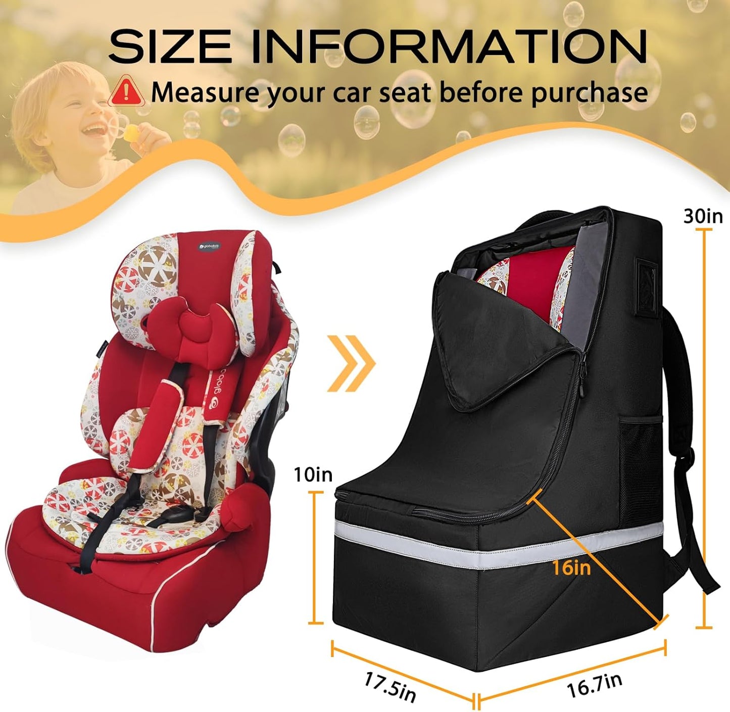 Car Seat Travel Bag for Airplane,Infant Seat Travel Bag with Shoulder Strap,Padded Car Seats Backpack with Reflective Stripes,Large Carseat Carrier Bag Travel Car Seat Cover, Black