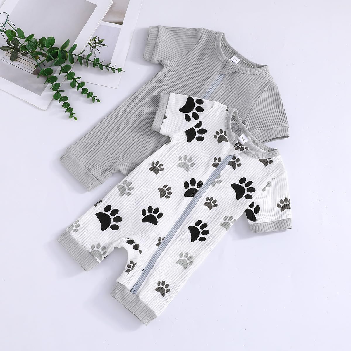 Bafeicao Unisex Baby Boy Girl 2 Pack Rompers Short Sleeve 2 Way Zipper One Piece Jumpsuits Clothes Sets