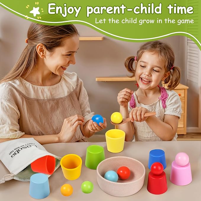 Rainbow Balls in Cups Toddler Montessori Toys - Color Sorting Toys for Toddlers for 3 Year Old Up, Learning Color Sorting and Counting, Kids Preschool Wooden Matching Games (8 Balls, 1.4 in)