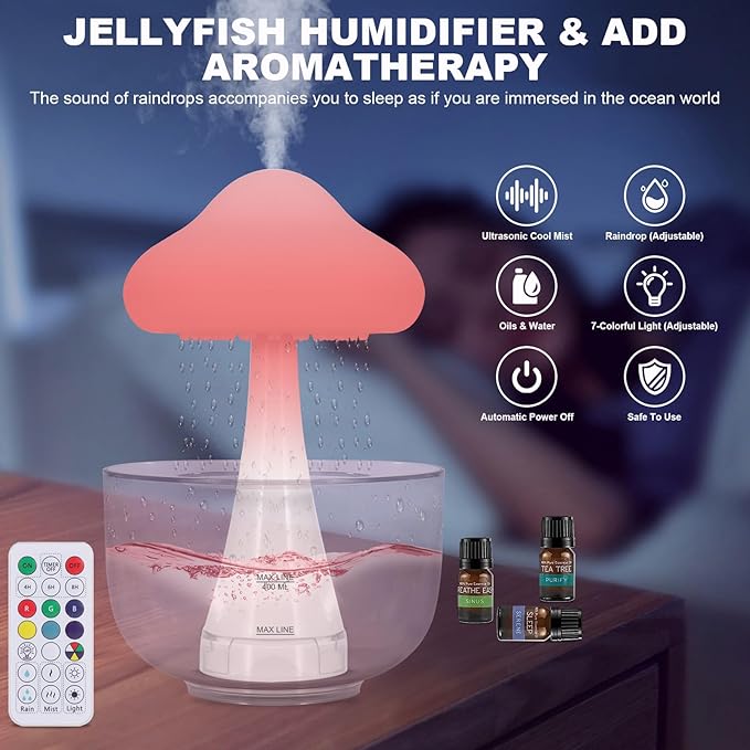 Rain Cloud Mushroom Cool Mist Humidifier & Diffuser - 7-Color LED Ultrasonic Air Humidifiers for Bedroom Baby, Water Drip Essential Oil Aromatherapy, Auto Shut-Off