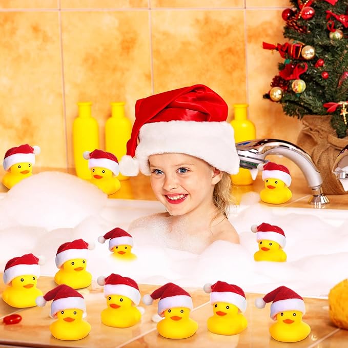 Liliful 48 Pcs Christmas Rubber Ducks with Hat Xmas Mini Rubber Ducks in Bulk Holiday Party Favors Bath Toys for Christmas Party Decor Gift (Santa Hat)