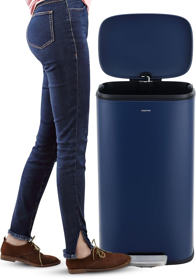happimess HPM1006J Connor Rectangular 13-Gallon Trash Can with Soft-Close Lid and Free Mini Trash Can, Fingerprint Resistant, Modern, Minimalistic for Home, Kitchen, Office, Bathroom, Denim Blue