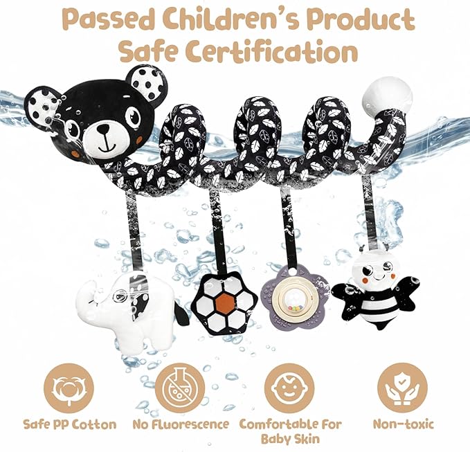 TSYAN Car Seat Toys for Babies 0-6 Months,Hanging Rattle Toys for Crib Mobile, Baby Spiral Hanging Stroller Black and White High Contrast Toys for Newborn 0 3 6 9 12 Months Baby Boys Girls (Bear)