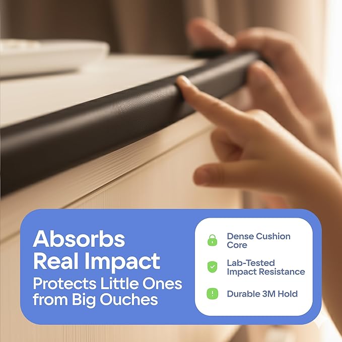 Baby Proof Corners and Edges with Furniture Corner & Edge Safety Bumpers, Impact-Absorbent 18ft Bumper & 8 Foam Corner Protectors, Cushy, Thick, Odorless Table Edge Protectors for Baby, Child | Black