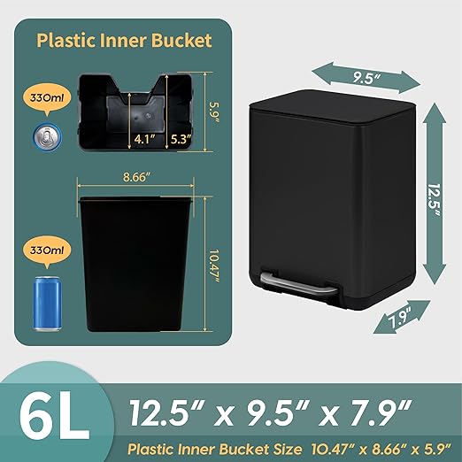 SunnyPoint 6 Liter(1.58 Gallon) Small Trash Can with Plastic Inner Buckets; Rectangle Bathroom, Office, Kitchen, and Bedroom Step On and Slow Close (BLK)