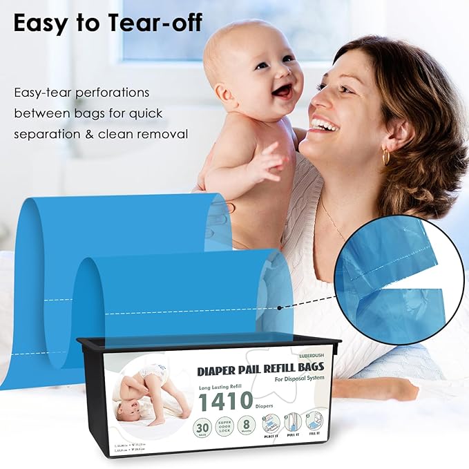 Diaper Pail Refill Bags - Compatible with Genie Easy Roll Signature & Platinum Pails | Each 30 Bags Holds Up to 1410 Newborn Diapers | 7-Layer OdorLock Technology | 2 Pack(60 Bags)