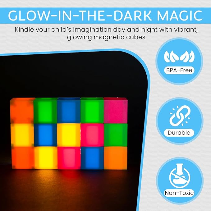 Glow in The Dark Toys Magnetic Building Blocks 35 PCs Neon Block – Safe Magnet Blocks for Kids & Toddlers Aged 4-8 | Magnetic Building Cubes w/Manual & Travel Pouch – STEM Educational Toys