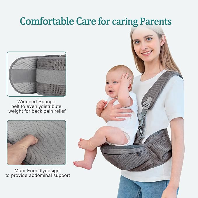 Baby Carrier - Hip Carrier for Baby with Baby Safety Strap - Toddler Carrier 7-45 lbs - Ergonomic Infant Holder with Hip Seat Large Capacity Pockets(Dark Grey)