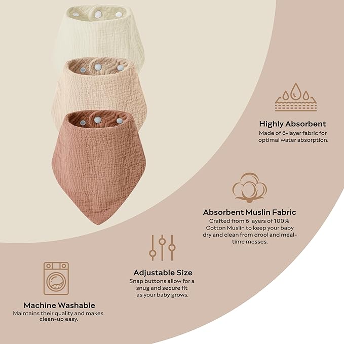 JELLYMONI 10 Pack Muslin Drool Bibs for Babies - Soft Adjustable Bandana Bib with Snaps, Absorbent Unisex Teething Bib for Newborn Girls & Boys