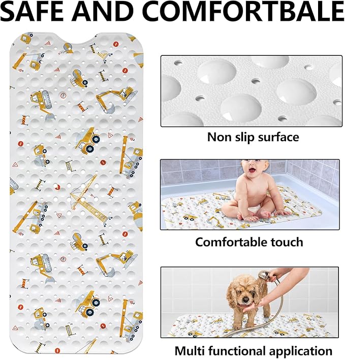 LNOND Bath Mat for Tub for Kids, Boy Toddler Bathtub mat Non Slip, Yellow Excavator Kids Bath Mats for Bathroom Non Slip with Drain Holes and Suction Cups,Machine Washable (40 X 16 Inch)