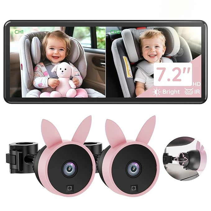 Babyvue BV3PRO 7.2" 1080P HD Dual Camera Car Baby Monitor for 2 Kids, IR Night Vision, Easy Installation, Brightness Adjustment, Car Seat Camera, Ideal Gift for Girls and Pets Monitoring