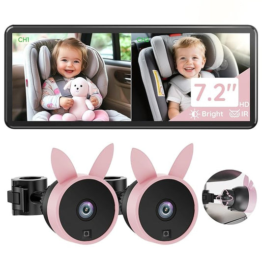 Babyvue BV3PRO 7.2" 1080P HD Dual Camera Car Baby Monitor for 2 Kids, IR Night Vision, Easy Installation, Brightness Adjustment, Car Seat Camera, Ideal Gift for Girls and Pets Monitoring